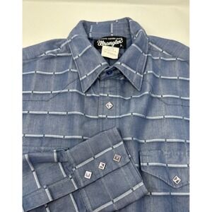 Wrangler‎ Shirt Men Large Blue Pearl Snap Window Pane Plaid Western Rodeo Cowboy